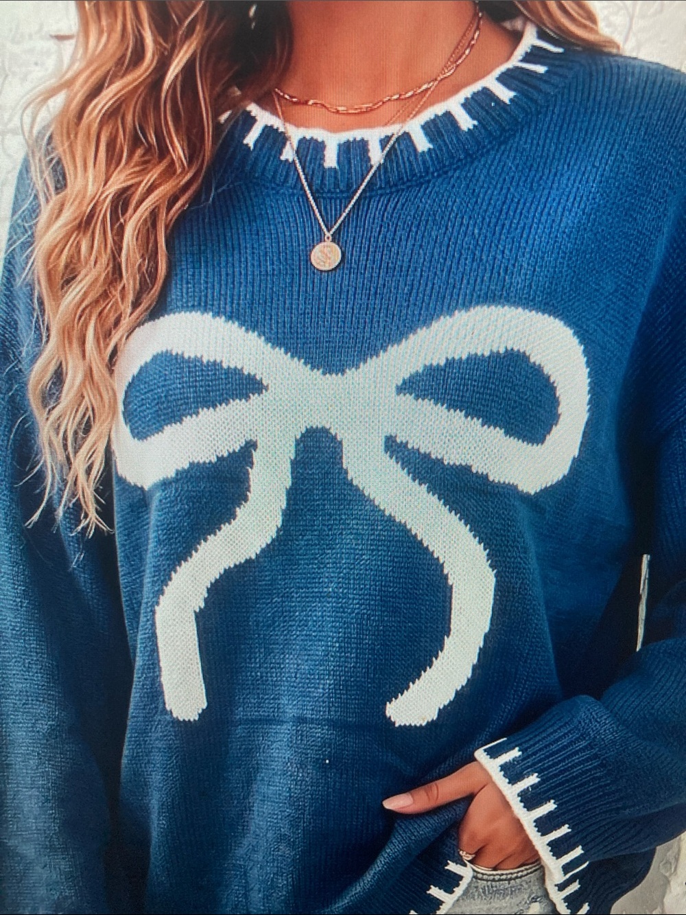 Blue Bow-Front Knit Sweater - Women's